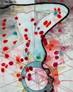 watercolor painting of figure upside down in profile in greens, reds, and blacks