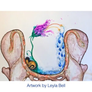 watercolor painting of pelvis bones with a purple flower with green stem growing out of it. Blue droplets fall from the flower